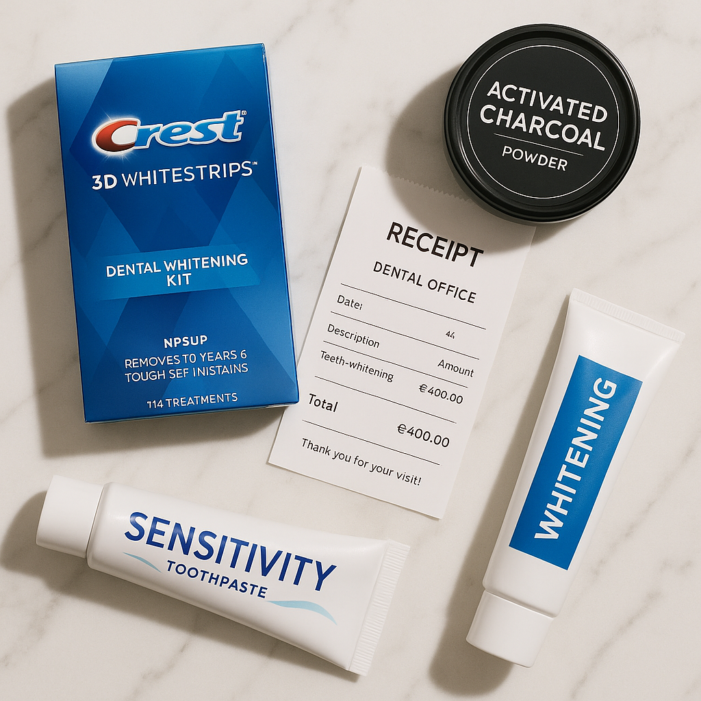 Various failed whitening products - strips, charcoal, receipts